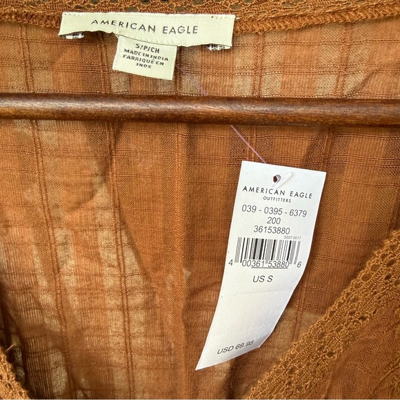 American Eagle Women's Brown Embroidered Wrap Front Mini Dress Boho Ruffle NWT - Picture 6 of 7